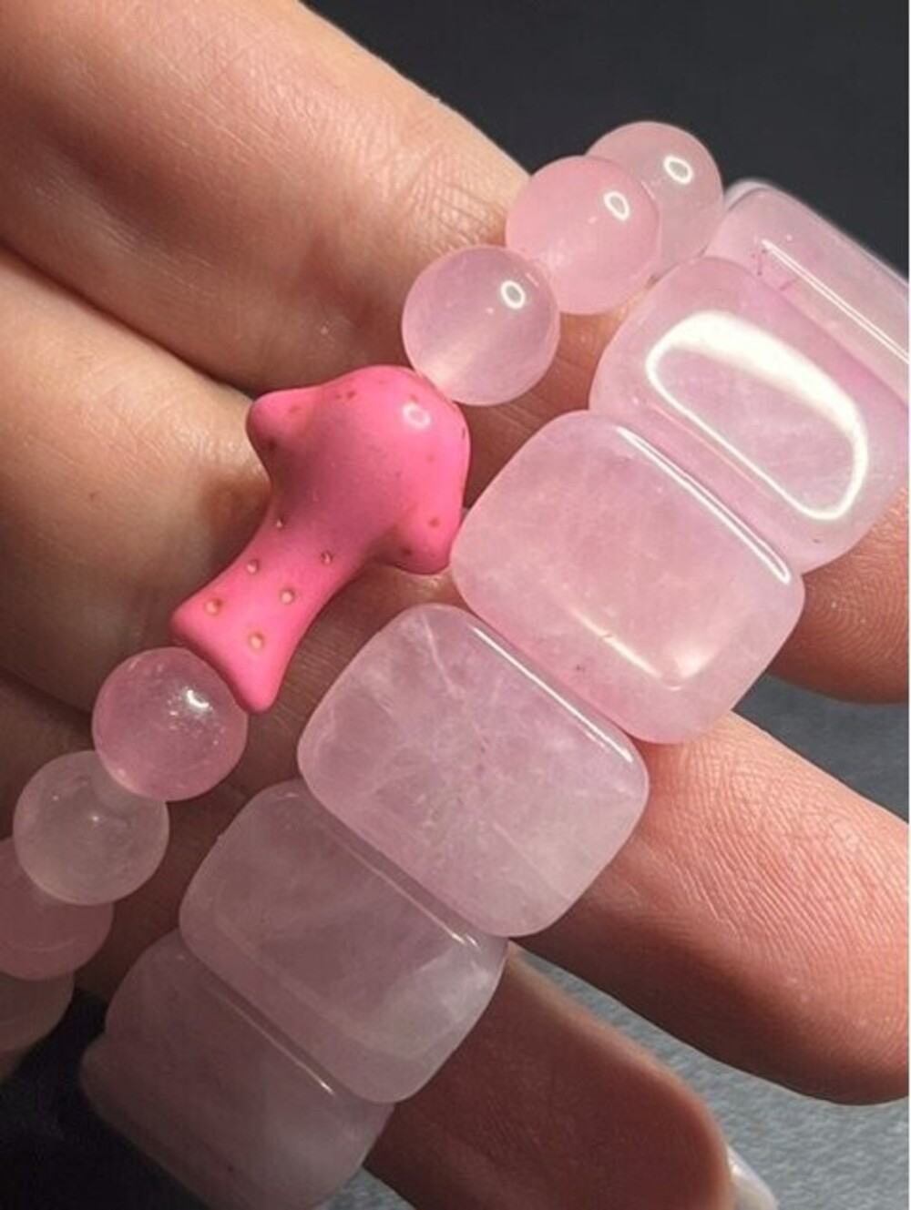 B7008 Lot of 2 Rose Quartz Beaded Stretch Bracelet Mushroom Charm Stackable